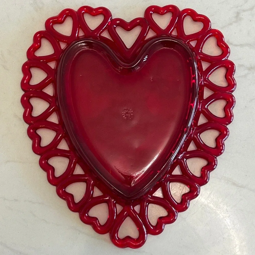Westmoreland Ruby Red Heart Shaped Glass Trinket Dish Hand Painted Floral Design